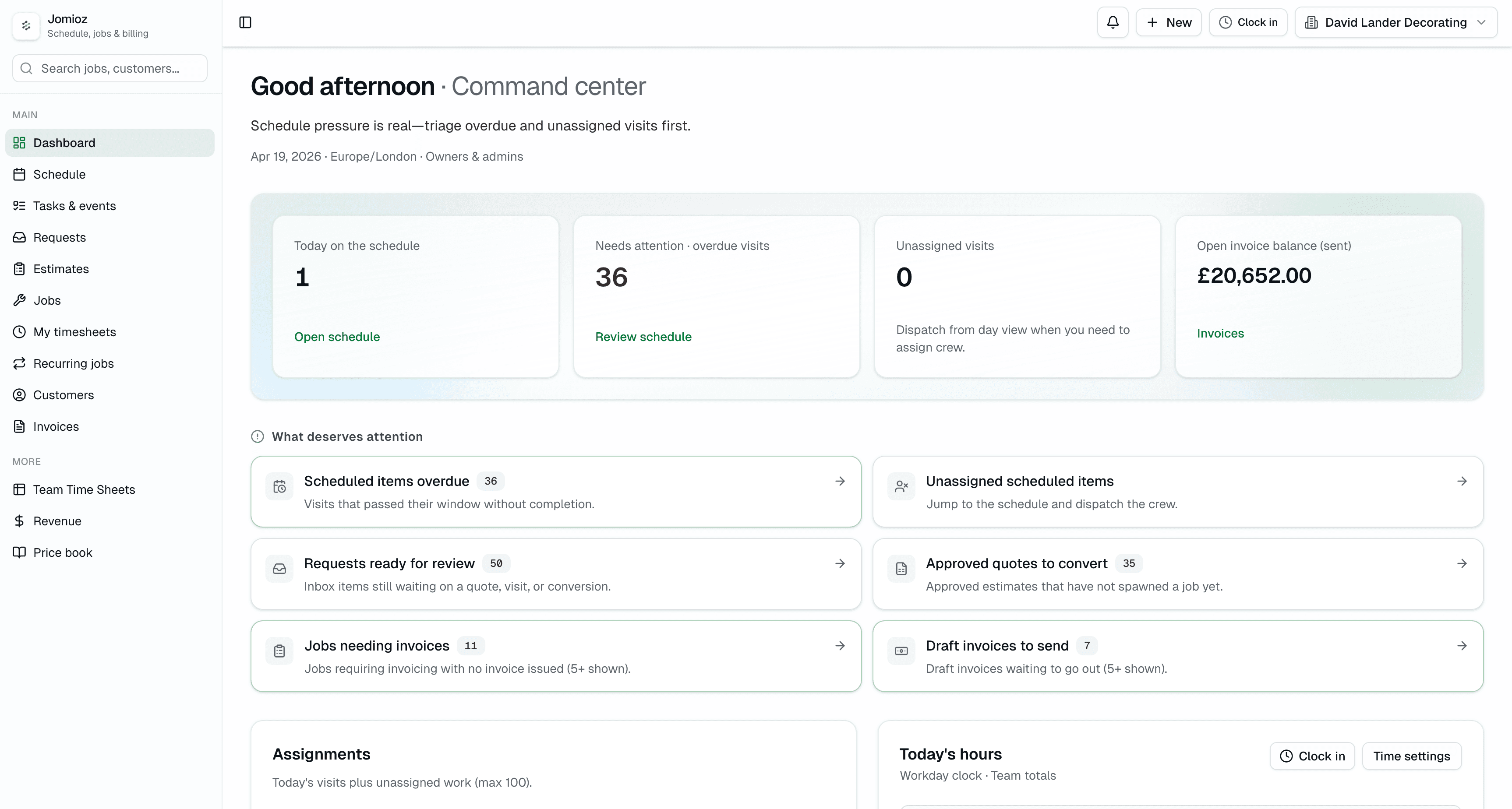 Jomioz dashboard — today's jobs, revenue and schedule at a glance