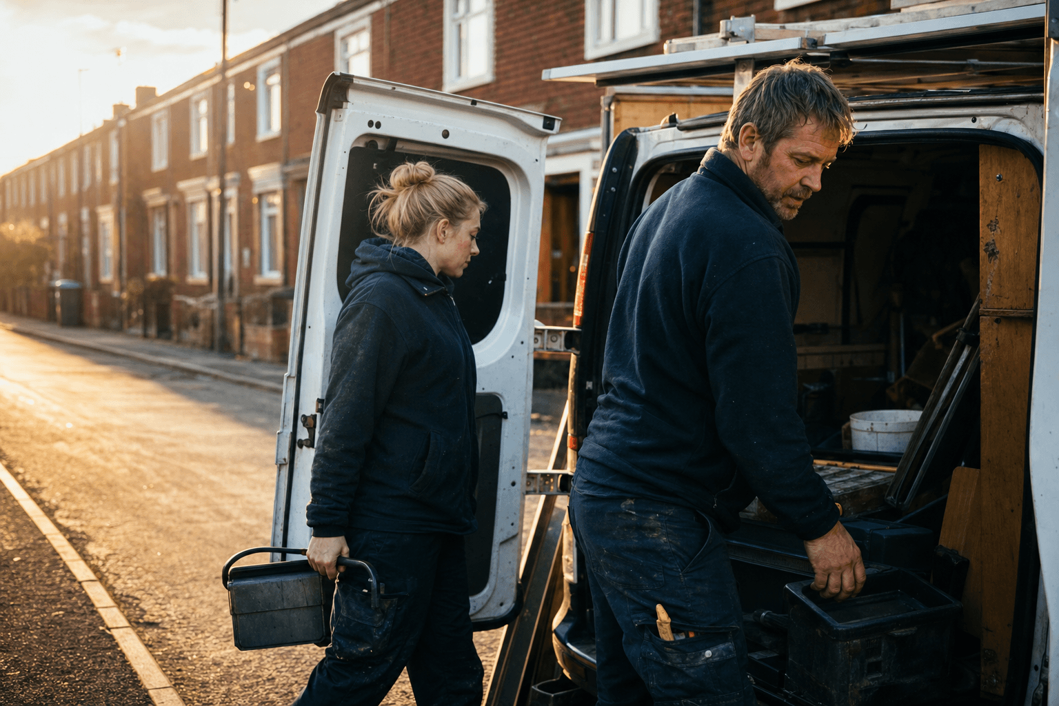 Two tradespeople loading their work van at sunrise